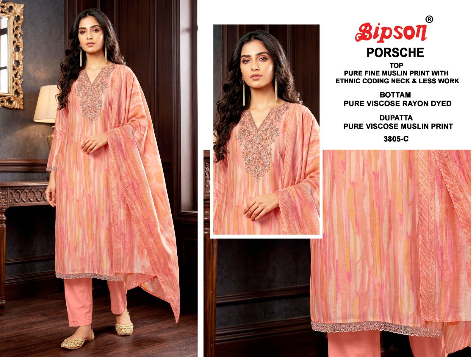 PORSCHE 3805 By BIPSON PRINTS Stylish Beautiful Colourful PREMIUM MUSLIN Dresses At Wholesale Price